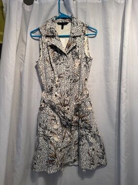 WHBM: Sleeveless Beige & Black Palm-Print Fit-and-Flare Dress